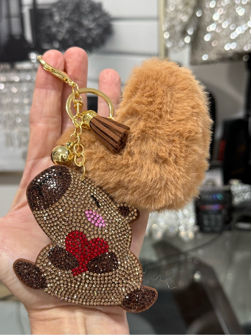 Crystal Pom Pom Keychain - Brown Faux Fur